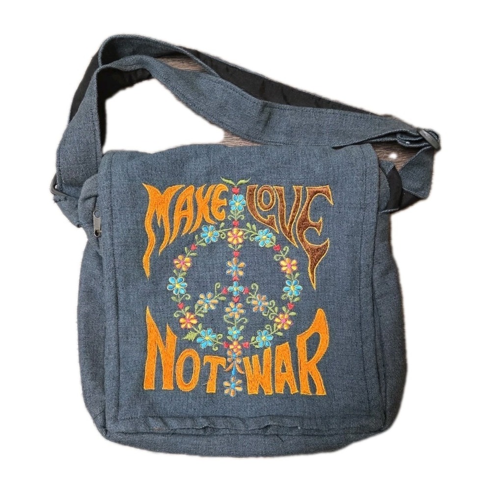 Kathmandu Imports Crossbody Bag Unisex Embroidered Make Love Not War Boho
